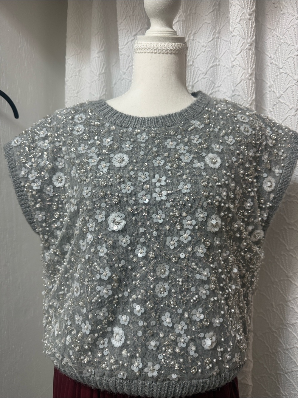 Zara Silver Gray Sequin Floral Knit Top